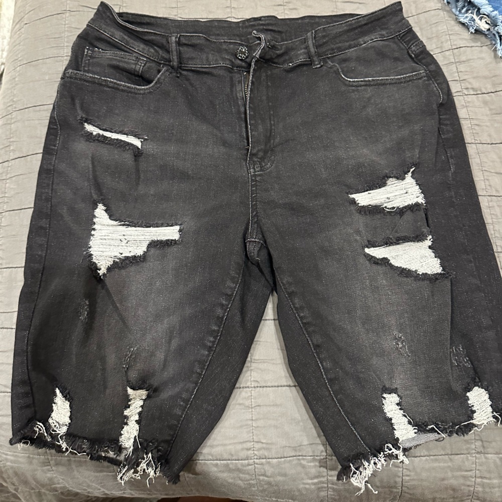 Distressed Black Denim Shorts